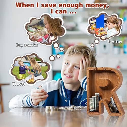 Personalized Large Wooden Kids Letter Piggy Bank - (Laser Engraved) Custom Piggy Bank for Boys Girls - Wooden Banks with Initials - Alphabet Money Box Bank Birthday Letter R Bank - Image 5