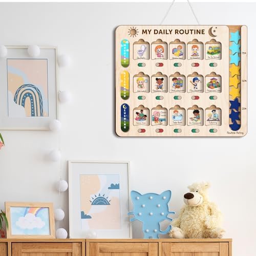 My Daily Routine Chart for Kids 11x13 Inch – Wooden Chore Chart with Visual Cards, Morning Afternoon Evening Schedule Board, Sliding Tracker & Star Reward System for Toddlers & Preschool Learning - Image 6
