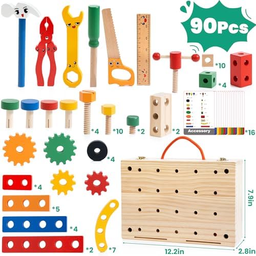 WOOOMAM Kids Tool Set, 90 PCS Wooden Toddler Tool Set with Box and Flash Cards, Tool Kit for Kids Age 3-5 Years, Toddler Boy Toys, FSC Certified Material - Image 2