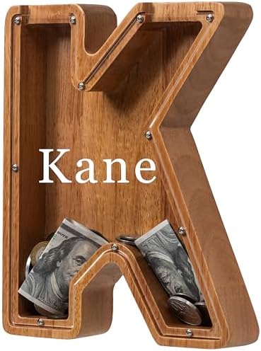 Personalized Large Wooden Kids Letter Piggy Bank - (Laser Engraved) Custom Piggy Bank for Boys Girls - Wooden Banks with Initials - Alphabet Money Box Bank Birthday Letter K Bank by Ladenk