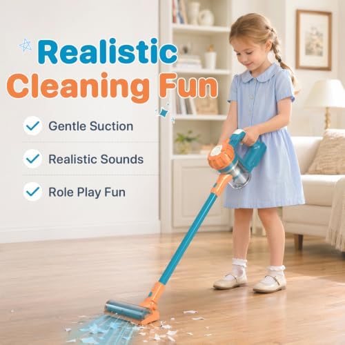 3-in-1 Kids Vacuum that Really Works - Toddler Vacuum Cleaner with Real Suction, Pretend Play Housekeeping & Cleaning Toy Set for Kids Ages 3+ (Blue) - Image 2