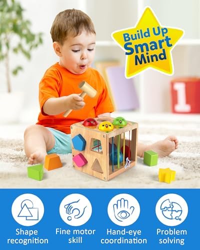 Coogam Wooden Montessori Toys for Toddlers, Shape Sorting Cube Fine Motor Skills Game for Year Old 18 Month+ Baby Boys Girls Gift - Image 3