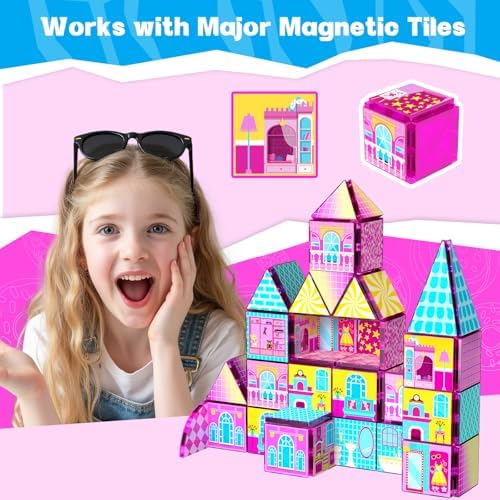 Magnetic Tiles 52PCS Magnetic Building Blocks for Kids Ages 3-5 4-8, STEM Montessori Preschool Classroom Must Haves, Toddler Sensory Educational Toys for Boys Girls, Christmas Birthday Gift(Pink) - Image 4