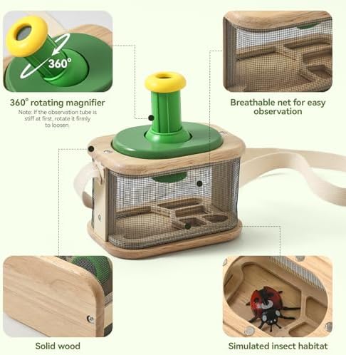 Wooden Bug Catcher for Kids, 360° Rotating Magnifier, Insect Explorer kit, with Bug Habitat, Butterfly Net, Bug Tongs, 10 Insect Cards, Montessori STEM Nature Toy for Outdoor - Image 4