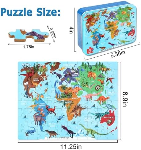 LELEMON Puzzles for Kids Ages 4-6,Dinosaur Map 100 Piece Puzzles for Kids Ages 6-8 in a Metal Box,Educational Jigsaw Puzzles,Childrens 100 Piece Puzzle Games Puzzle Toys for Girls and Boys - Image 2