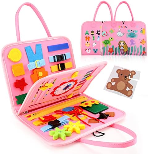 Guolely Busy Board Montessori Toy for 3-6 Year Old Toddlers - Educational Activity Developing Sensory Board for Basic Dress Fine Motor Skills - Travel Toys for Plane Car, Gift for Boys Girls by Guolely