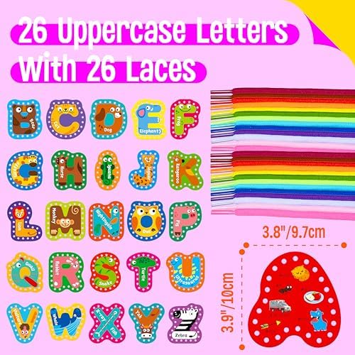 SpriteGru 26PCS Kids Lacing Cards, 26 Double Sided Uppercase Sewing Cards with 26 Colorful Laces, Imagination Development Lacing Toys Games for Children Educational and Learning Activity - Image 2