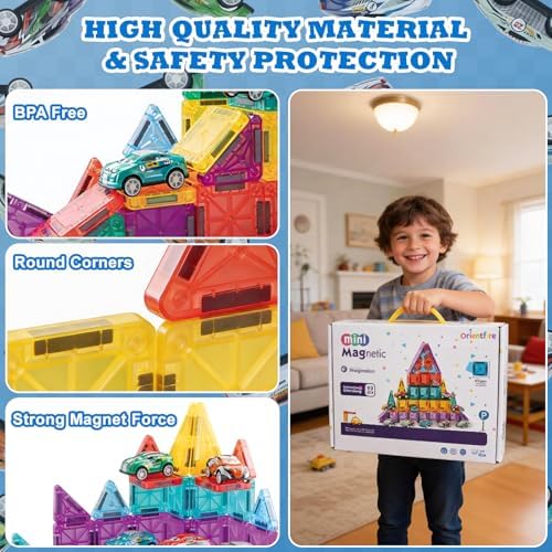 93 PCS Magnetic Tiles Mini Magnetic Building Tiles with Cars, Travel Magnetic Tiles with Storage Bag,STEM Toys for School Acitivities, Ideal Christmas Birthday Gifts for Boys Girls Age 3+ Years Old - Image 5