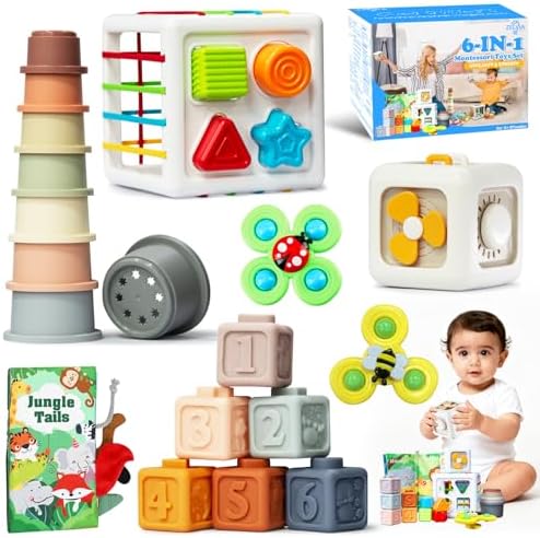 6 in 1 montessori baby toys for 6-36 months old-incl Busy Cube,stacking cups,Shape Sorting Bin,baby blocks,crinkle books, suction cups spinners,Sorting Learning Sensory Toys Gift for Babies Aged 1-3 by Zelvia