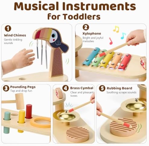 Foldable Musical Instruments Stage , 8-in-1 Montessori Wooden Toys Set Baby Musical Toys with Drum Set Xylophone Wind Chimes Cymbal, Toddlers Activity Table Birthday for Girls Boys - Image 3