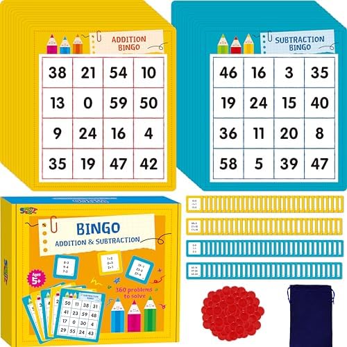 SpriteGru Addition & Subtraction Bingo Game, 360 Math Problems, 2 Educational Math Board Game for Kindergarten and Preschool Kids 4-8, Perfect for Classroom & At Home by SpriteGru