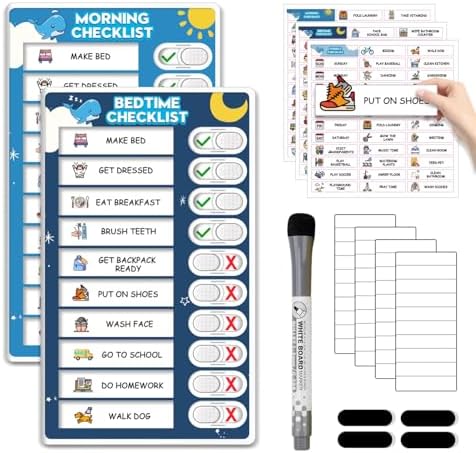 2 in 1 Upgraded Slider Morning/Bedtime Routine Chart for Kids Toddlers - Magnetic Kids Chore Chart for 2 Kids, Dry Erase Chore Chart for Kids, Visual Schedule for Kids with Cute Chore Stickers by BOXVERIA