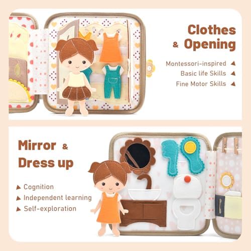 Montessori Busy Book for Toddlers 1-3, Felt Quiet Book & Busy Board for Preschool Learning, Fine Motor Skills, Sensory Play, Educational Travel Toy & Gift – Pretend Play for Girls, Brown - Image 2