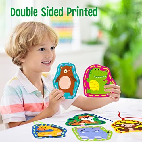 SpriteGru 9 Pieces Kids Lacing Cards, Double Sided Sewing Cards in 9 Wild Animals with 9 Colorful Laces, Imagination Development Lacing Toys Games for Children Educational and Learning Activity - Image 4
