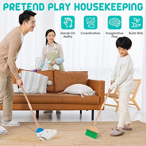 Kids Cleaning Set, 8 Pcs Wooden Housekeeping Play Toy Broom Mop Set - Image 3