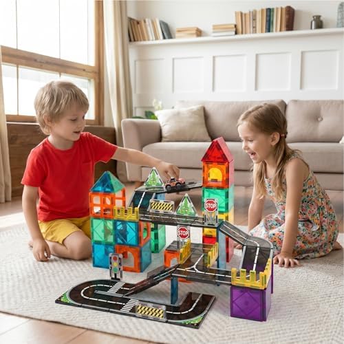 Magnetic Tiles Road Set, 89 PCS Magnetic Building Blocks with Roads - Image 5