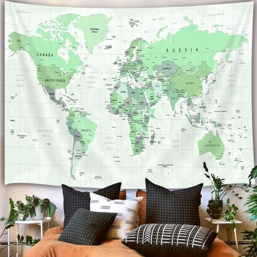 World Map Tapestry for Kids Student, World Map with Countries and Major Cities Tapestries Educational Asia Europe South City Topography America Africa Japan Wall Tapestry 48X36 Inch(Green) - Image 2