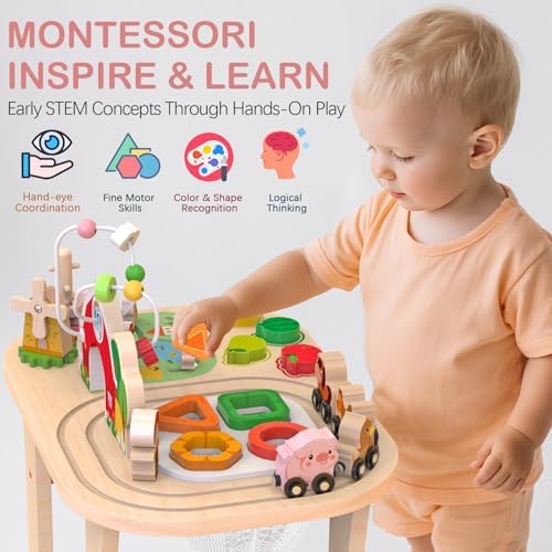 Kids Wooden Farm Activity Table for 1 2 3 Years Old, Montessori Learning Toy with Bead Maze, Shape Sorter & Animal Train, Sensory Development Toy for Toddlers, Educational Gift for Baby Boys Girls 1+ - Image 3