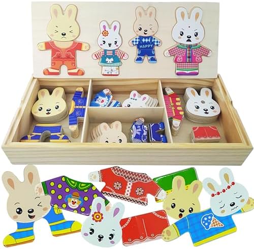 Wooden Bunny Family Dress-up Puzzle Box for Toddlers(72pcs),Change Clothes Puzzle Games, Preschool Learning Activities Toys for Kids Ages 3+ by LilyBeauty