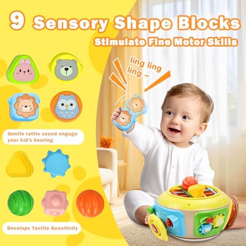 7-in-1 Activity Cube Drum Montessori Toys for Baby 18+ Months, Busy Toys for Toddlers with 9 Sensory Shape Blocks, Music & Light Educational Toys Christmas Birthday Gifts for Kids Boys Girls - Image 4
