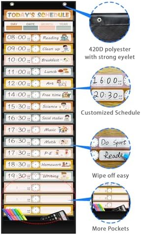 REGELETO Boho 18+1 Pockets Daily Schedule Pocket Chart, 30 pcs Double-Sided Reusable Cards, Scheduling Pocket Chart for Classroom Office Home School Activity(Black) - Image 3