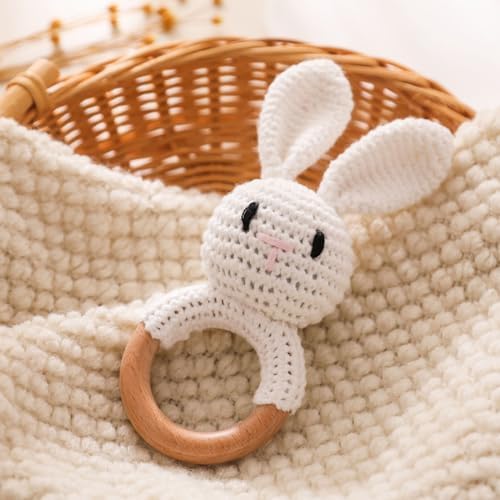 Wooden Baby Rattle，Crochet Bunny Rattle with Wood Ring, Newborn Wooden Animal Rattle Toy，Infant White Bunny Wood Rattle Toys by Chriswell