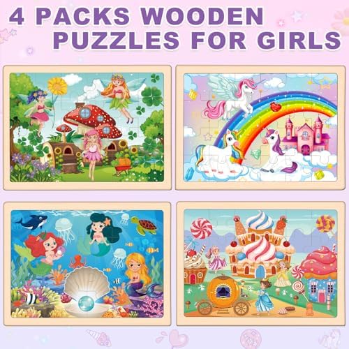 Puzzles for Kids Ages 4-6, 4 Packs Wooden Jigsaw Puzzles for Toddlers 2-4, Princess Unicorn Mermaid Fairy Preschool Educational Puzzles Boards Toys Gifts for Girls Boys 3 4 5 6 - Image 2