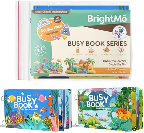 Montessori Busy Book Set (Dinosaur + Ocean) – Preschool Learning Activities for Ages 3+, Fine Motor Skills, Interactive Velcro Activity Kit, Travel Toy for Kids (2-in-1 Bundle) by BrightM%C5%8D