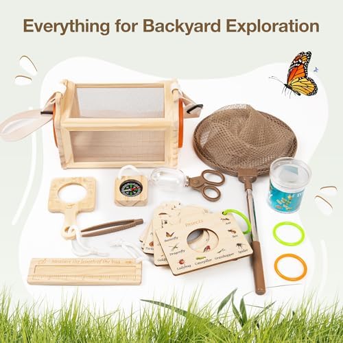 Wooden Bug Catcher Kit for Kids, 16-in-1 Outside Toys for Toddlers STEM Outdoor Explorer Set with 3-Way Observation Habitat, Butterfly Net, Magnifying Glass, Educational Gift for Boys Girls Ages 3-8 - Image 6