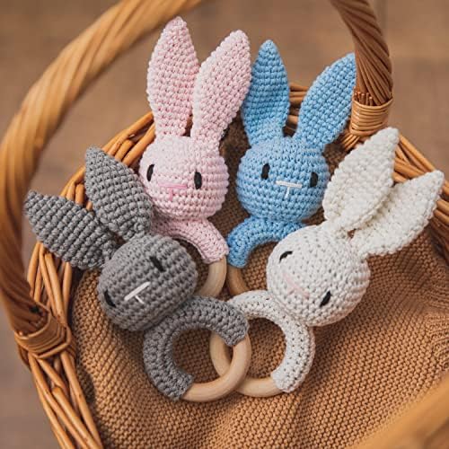 WOODEN TEETHER Crochet Baby Rattle, Crochet Baby Toys, Easter Bunny Rattle, Newborn Animal Rattle Toys，Knitted Stuffed Animals Gifts for Baby, Pink Bunny - Image 3