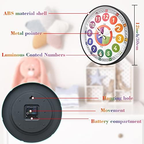 Learning Clock for kids, Glow in The Dark Wall Clock for Bedroom, 12 Inch Silent Night Light Kids Wall Clock, Colorful Illuminated Telling Time Teaching Clock,Kids Room Decor (Illuminated Gray) - Image 3