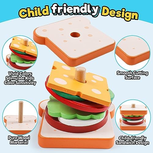 Wooden Sandwich Sorting Stacking Toys Play Food Set for Toddlers Preschool Educational Montessori Toys Fine Motor Toy for Kids Boys Girls - Image 4