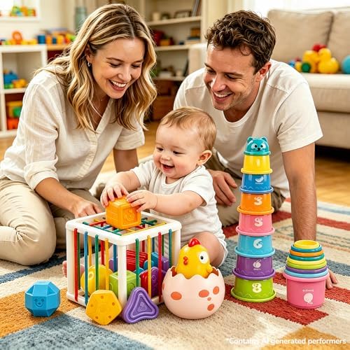 4 in1 Montessori Toys for 1 Year Old,17 Pcs Boys Girls 1st Birthday Gifts, Stacking Cups,Shape Sorter,Multi Sensory Shapes for Babies Early Educational Baby Travel Toys for Toddler 6-12 Months - Image 2
