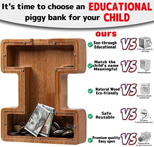 Piggy Bank for Kids Boys Girls, Wooden Large Letter Piggy Bank Alphabet Money Bank with Initial I, Coin Bank Fun Gifts for Birthday, Christmas, Festival, Baby Shower - Image 4
