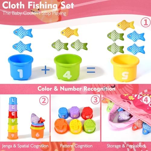 Montessori Toys for 1 Year Old - 20PCS Cloth Toddler Pink Fishing Game with Stacking Cups,Baby Color Sorting Toy 12-18 Months One Year Old Birthday Gift,Best Easter Gifts for 1-3 Year Olds - Image 4