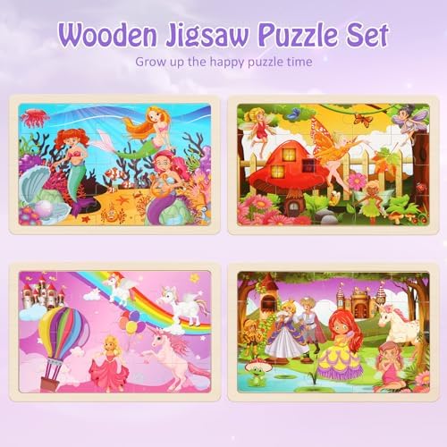 Wooden Puzzles Toys for Kids Ages 3-5, Set of 4 Packs with 20-Piece Unicorn Mermaid Princess Wood Jigsaw Puzzles, Preschool Educational Brain Teaser Toys for Girls 3 4 5 6 Years Old. - Image 2