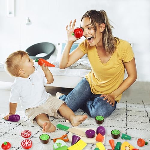 Wooden Play Food for Kids Kitchen, Fruit & Veggies Cutting Set for Toddlers - Image 3