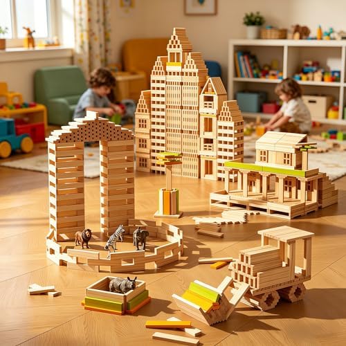 Premium 300 Pcs Rainbow Wooden Building Planks Kit, Open-Ended Creative Building Blocks Set for Kids Ages 3-12,Colorful Pine STEM Construction Toys - Educational Sorting & Patterning Gift (4.65 in) - Image 3