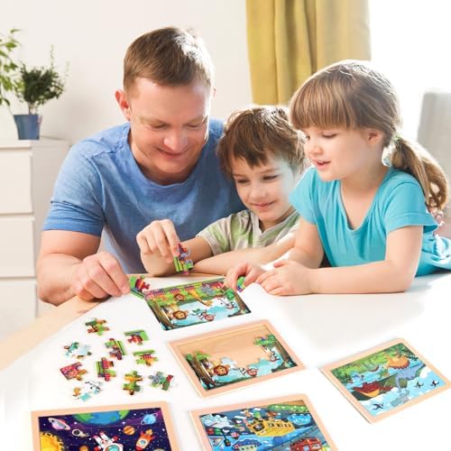 Wooden Educational Jigsaw Puzzles for Preschool Kids Ages 3-5, 4-Pack with 20 Pieces Dinosaur, Space, Transportation Wood Puzzles Set, Kids Brain Teaser Toys, Gifts for Boys Girls Ages 3 4 5 6 - Image 6