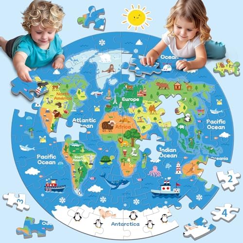 72 Piece World Map Jigsaw Puzzle for Kids 3-5, 4-6 Globe Round Floor Puzzles Geography Educational Birthday Gifts Learning Resource Educational Montessori Toys (World Map) - Image 4