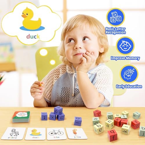 Wooden Blocks Spelling Game, Matching Letter Game for Kids Ages 3-8, Kindergarten Educational Sight Words Flash Cards Learning Toy, Preschool Montessori ABC Alphabet Crossword Puzzle - Image 3
