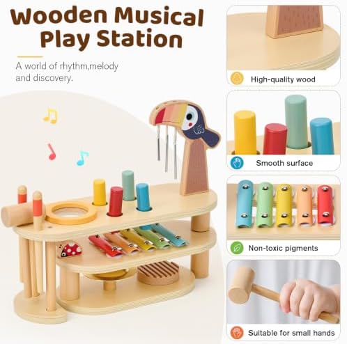 Foldable Musical Instruments Stage , 8-in-1 Montessori Wooden Toys Set Baby Musical Toys with Drum Set Xylophone Wind Chimes Cymbal, Toddlers Activity Table Birthday for Girls Boys - Image 5