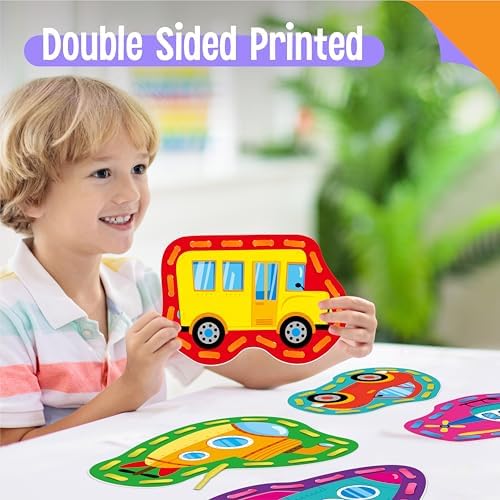 SpriteGru 9 Pieces Kids Lacing Cards, Double Sided Vehicle Sewing Cards with 9 Colorful Laces, Imagination Development Lacing Toys Games for Children Educational and Learning Activity - Image 7