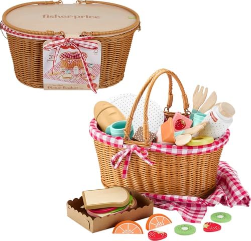 Fisher-Price Wood Pretend Play Toy Picnic Basket, 31-Piece Wooden Food Playset for Preschool Kids Ages 3+ Years by Fisher-Price