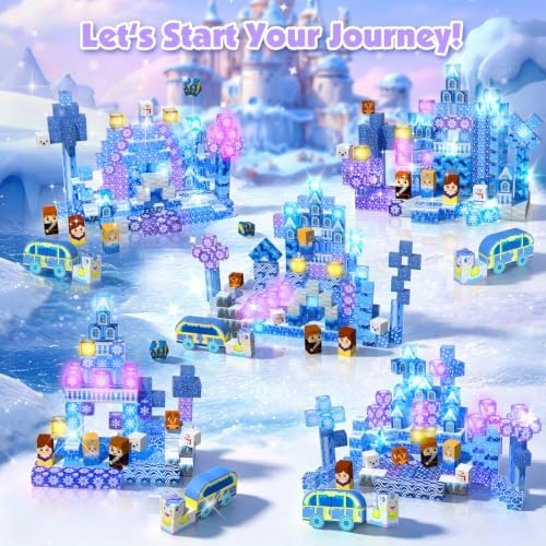 200 PCS Light Up Magnetic Blocks, Transparent Magnetic Building Block for Blue Snow Princess Castle, Frozen Magnet Cubes STEM Toys for Girls Age 3 4 5 6 7 8 9 10 11 12 13 Birthdays Gift for Kids - Image 3