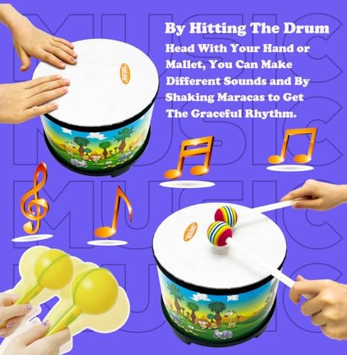 Crafteem Floor Tom Drum for Kids 8-inch Percussion Instrument Music Drum with 2 Mallets and Color Maracas for Baby Children Special Christmas Birthday Toy Gift - Image 6