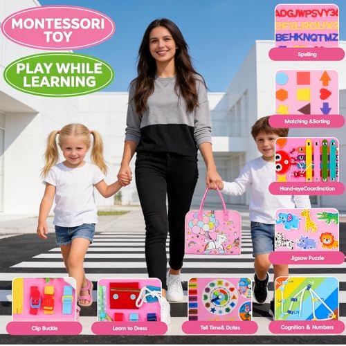 Montessori Busy Board for Toddlers – Sensory Busy Book with Buckles, Zippers, Letters, Animals, Toddler Activities – Fine Motor Skills Development Learning for Boys Girls Travel Activity - Image 4