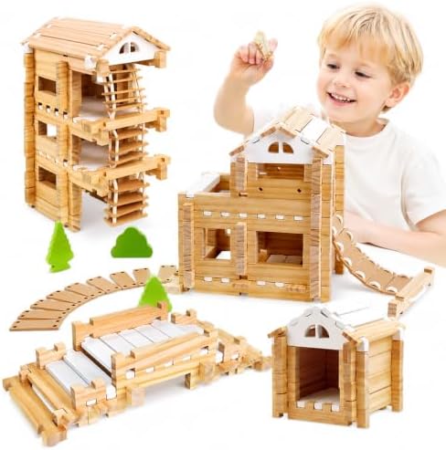 Jovi-Mindly & Notchies 96 PCS Wooden Building Blocks Toy Set for Kids Ages 4+ Boys Girls, Creative Construction Imaginative Cabin House with Storage Bag STEM Educational Learning Toy for Birthday Gift by Jovi-mindly%EF%BC%86Notchies