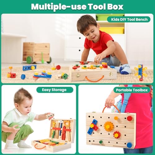 WOOOMAM Kids Tool Set, 90 PCS Wooden Toddler Tool Set with Box and Flash Cards, Tool Kit for Kids Age 3-5 Years, Toddler Boy Toys, FSC Certified Material - Image 5