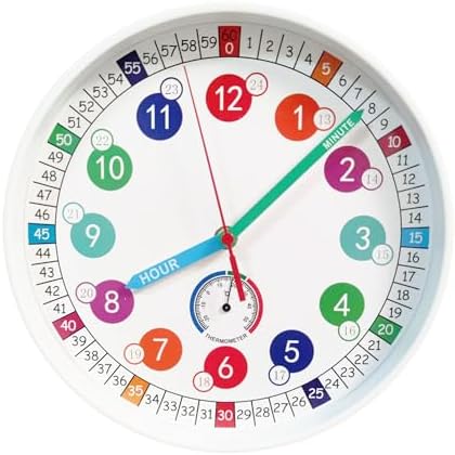 Learning Time Clock for Kids ，10Inch Colorful Clock Face Silent Clocks，Bedroom,Kitchen,Classroom,Clear Digital，Décor at School, Clear Digital Wall Clock for Kids Room (White) by SYOYUEX